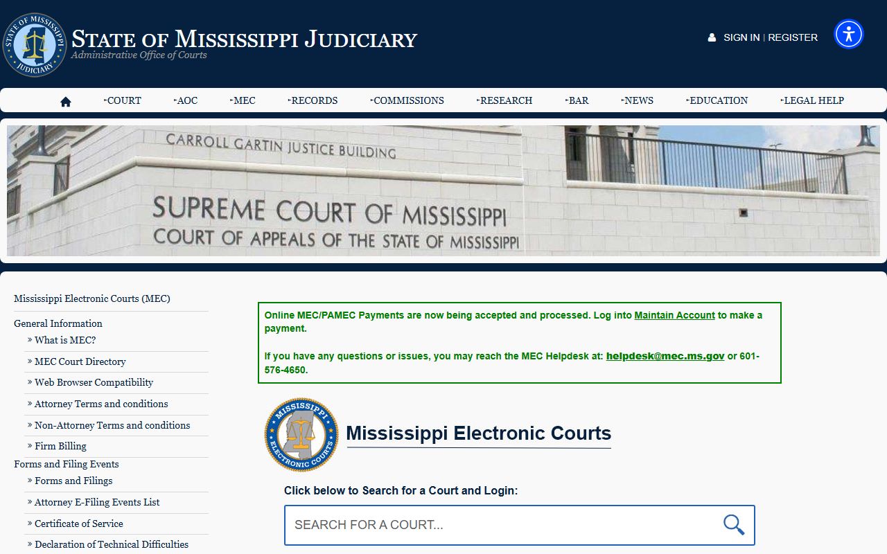 Mississippi Electronic Courts search page for Prentiss County court records after arrest