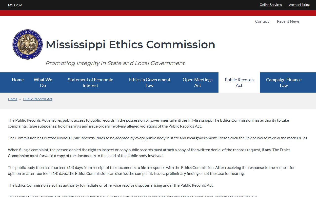 Mississippi public records page for Prentiss County mugshot requests