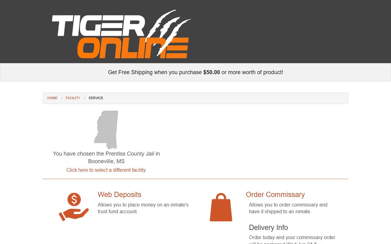 Prentiss County Jail inmate commissary and money deposit page